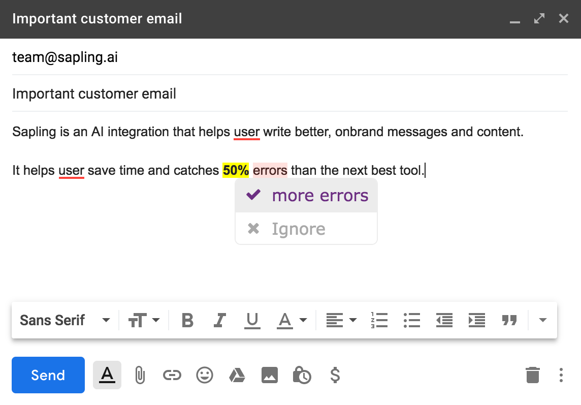Sapling correcting a customer email in Gmail